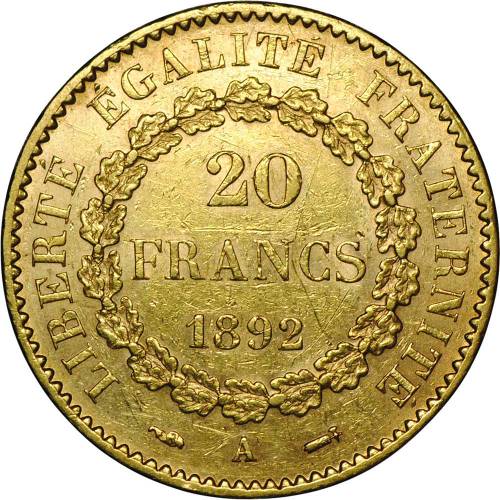 Монета 20 франков 1892 Франция