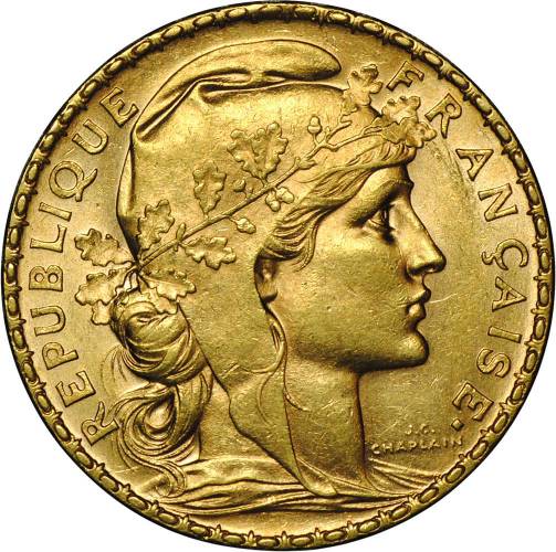 Монета 20 франков 1908 Франция