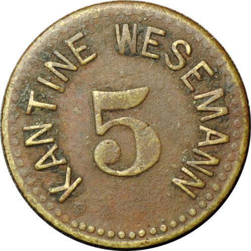 Платежный жетон 5 пфеннингов Столовая Kantine Wesemann Германия