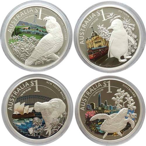 Набор 1 доллар 2010 Черепаха, Коала, Пингвин, Попугай Штаты 4 монеты Австралия