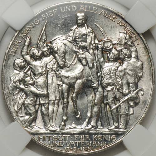 Монета 3 марки 1913 100 лет победы над Наполеоном (толпа) Пруссия слаб ННР MS 63