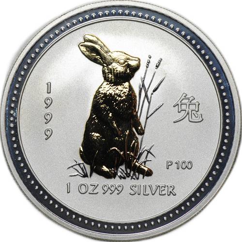 Монета 1 доллар 1999 Год кролика Лунар позолота Австралия
