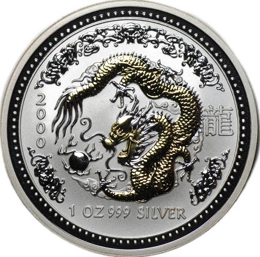Монета 1 доллар 2000 Год дракона Лунар позолота Австралия