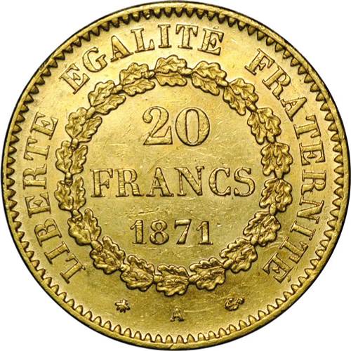 Монета 20 франков 1871 A Франция