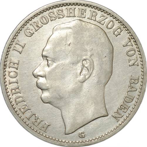 Монета 3 марки 1909 G Баден Германия
