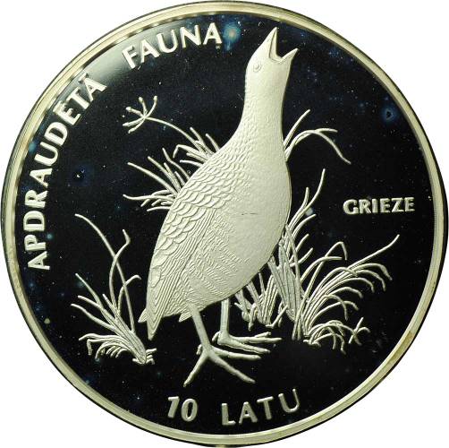 Монета 10 лат 1996 Исчезающие животные - Коростель Латвия