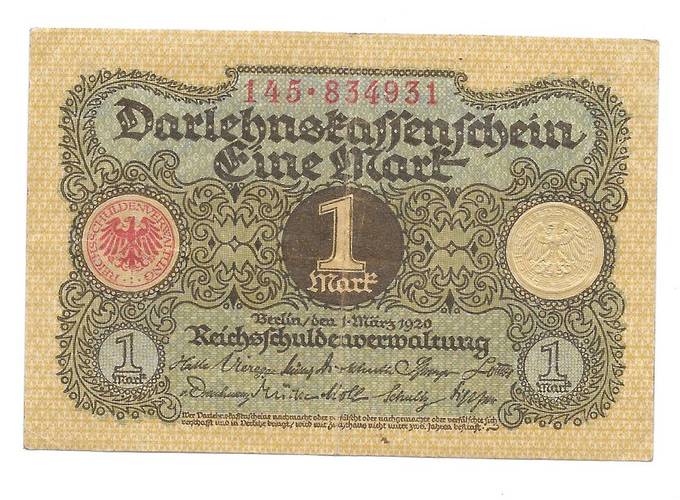 Банкнота 1 марка 1920 Германия Веймарская республика