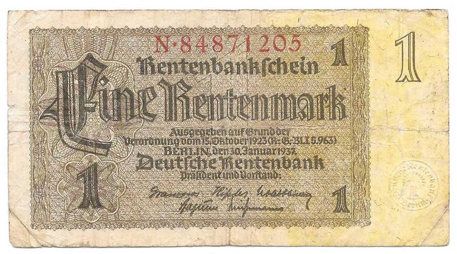 Банкнота 1 рентенмарка (марка) 1937 Германия Третий Рейх