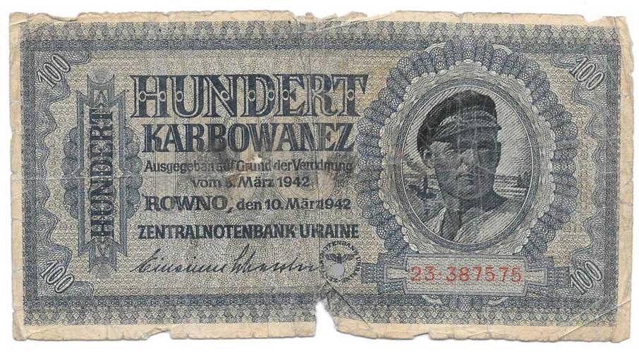 Банкнота 100 карбованцев 1942 Украина Ровно оккупация Германия Третий Рейх