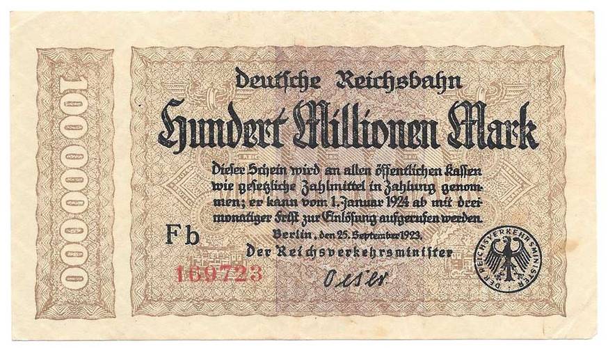 Банкнота 100000000 марок 1924 (1923) Железные дороги Германия