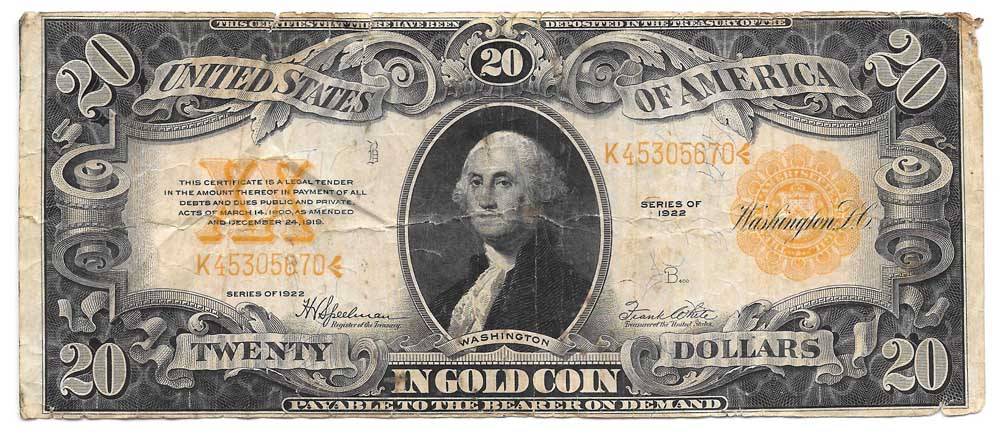 Банкнота 20 долларов 1922 Золотой сертификат США