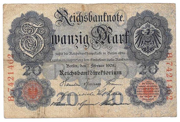 Банкнота 20 марок 1908 Германия Империя