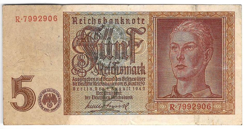 Банкнота 5 рейхсмарок (марок) 1942 Германия Третий рейх