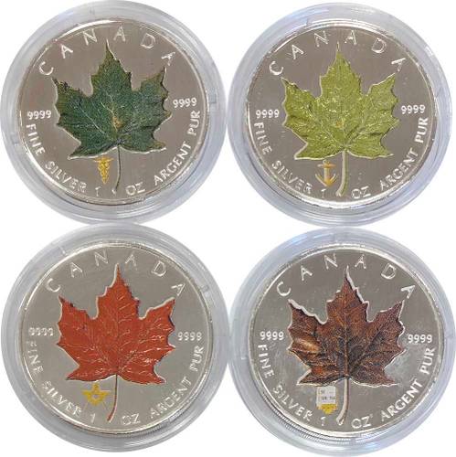 Набор 4 монеты 5 долларов 2007 Кленовый лист Времена года цветные Канада