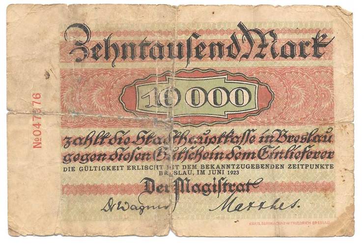 Банкнота 10000 марок 1923 Германская империя Силезия Бреслау Германия