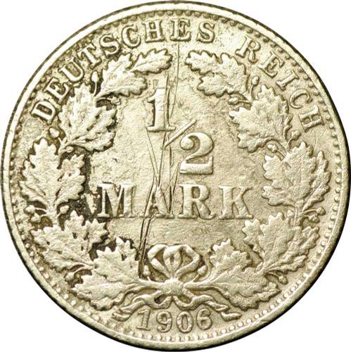 Монета 1/2 марки 1906 D Германия
