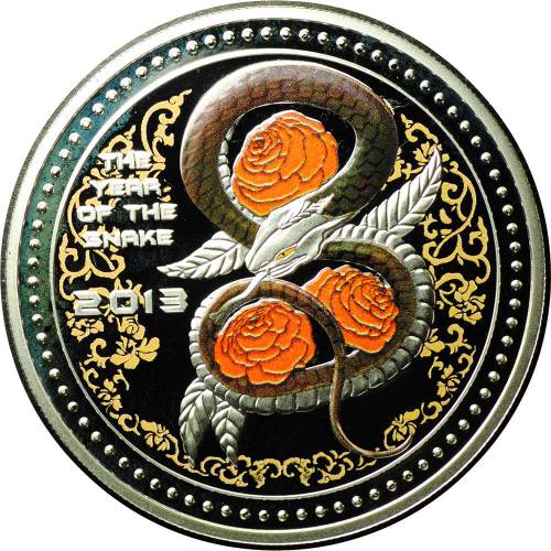 Монета 5 долларов 2013 Год Змеи - Розы Острова Кука