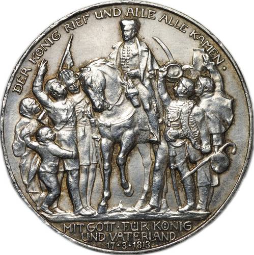 Монета 3 марки 1913 100 лет победы над Наполеоном Франция (толпа) Пруссия Германия