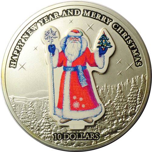 Монета 10 долларов 2008 Счастливого Нового года и Рождества - Дед Мороз Науру