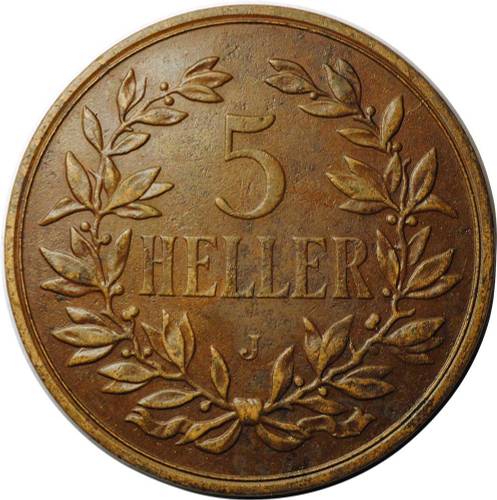 Монета 5 геллеров 1908 J Германская Восточная Африка