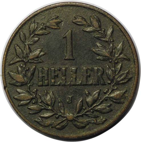 Монета 1 геллер 1910 J Германская Восточная Африка