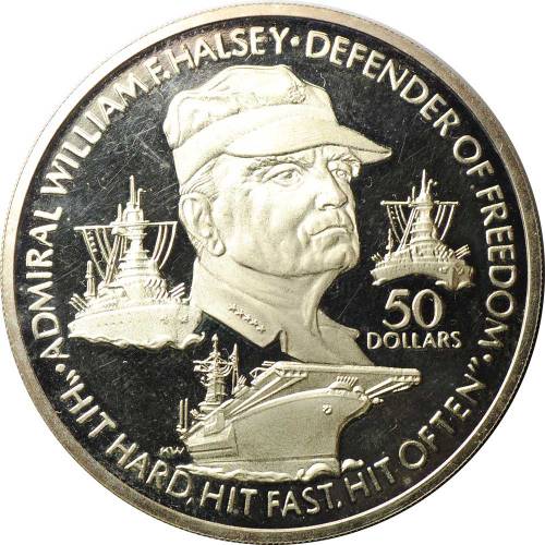 Монета 50 долларов 1990 Адмирал Уильям Фредерик Холси Защитник свободы Ниуэ