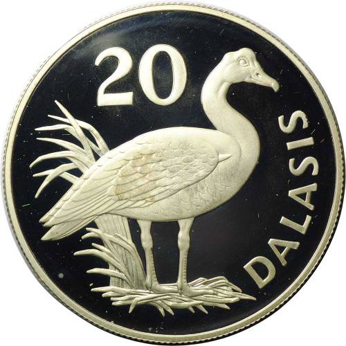 Монета 20 даласи 1977 Шпорцевый гусь Гамбия