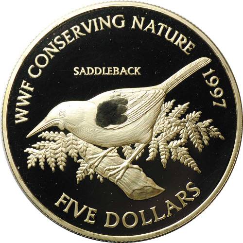 Монета 5 долларов 1997 WWF Тико - Седлоспинная гуйя серебро Новая Зеландия