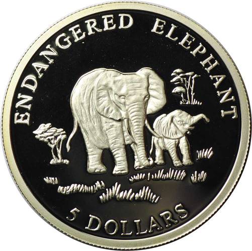 Монета 5 долларов 2000 Слон Либерия