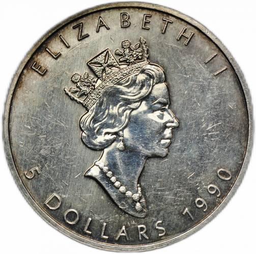 Монета 5 долларов 1990 Кленовый лист Канада