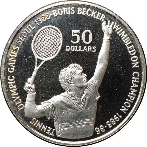 Монета 50 долларов 1987 Олимпиада Сеул 1988 Теннис - Борис Беккер Ниуэ