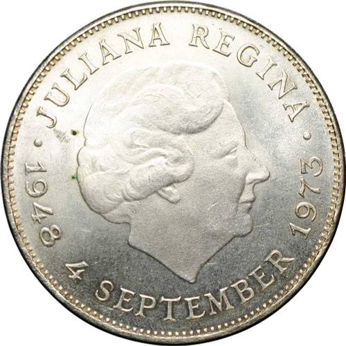 Монета 10 гульденов 1973 Королева Юлиана 25 лет правления Нидерланды