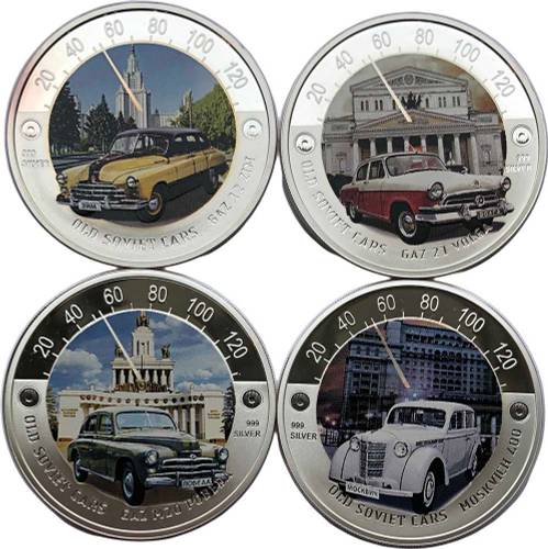 Набор 2 доллара 2010 Старые Советские Автомобили Ниуэ: Волга, ЗИМ, Победа, Москвич (без футляра) 4 монеты