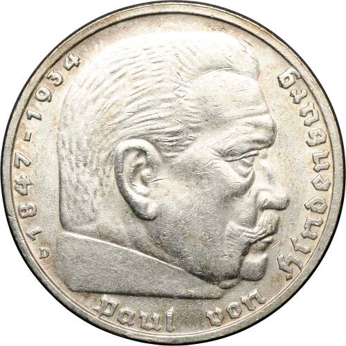 Монета 5 рейхсмарок (марок) 1938 D Третий Рейх Германия