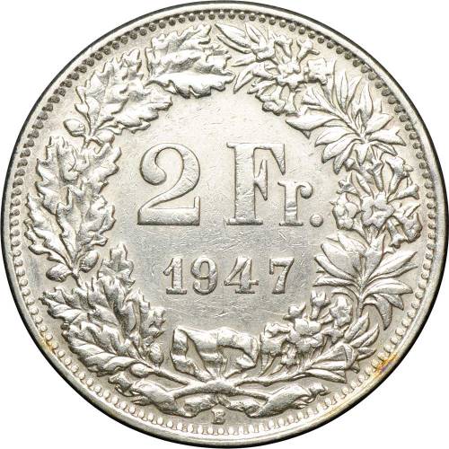 Монета 2 франка 1947 B Швейцария