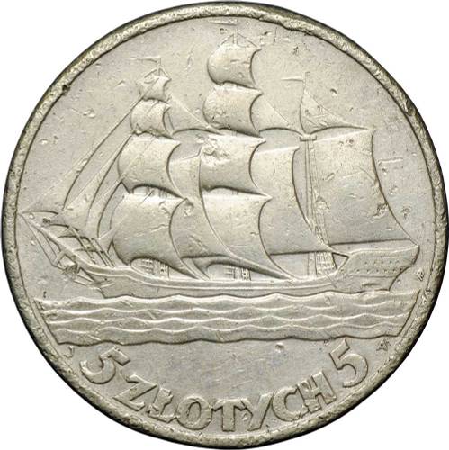 Монета 5 злотых 1936 15 лет порту Гдыня Парусник Польша