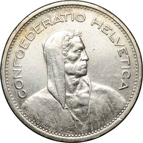 Монета 5 франков 1932 B Швейцария