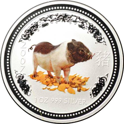 Монета 1 доллар 2007 Год свиньи Лунар цветная Австралия