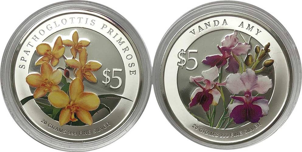 Набор 5 долларов 2009 Орхидеи Сингапур 2 монеты