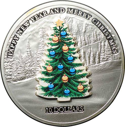 Монета 10 долларов 2008 Счастливого Нового года и Рождества Елка Науру (футляр)