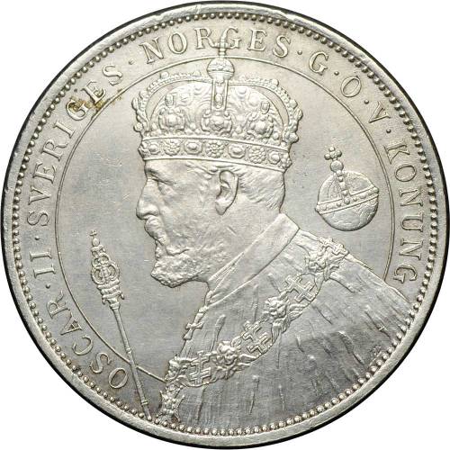 Монета 2 кроны 1897 25 лет правления Короля Оскара II Швеция