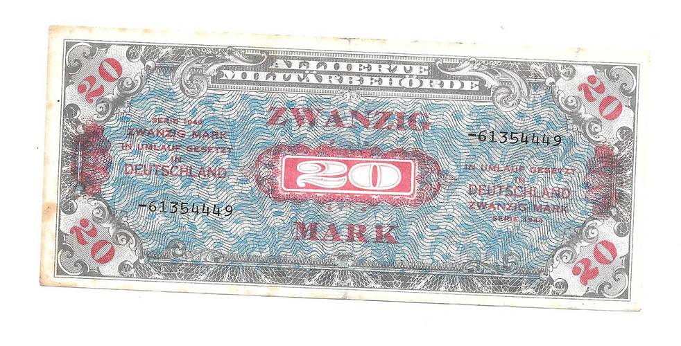 Банкнота 20 марок 1944 оккупация Союзниками Германия