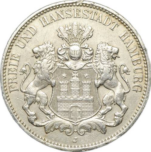 Монета 3 марки 1911 J Гамбург Германия