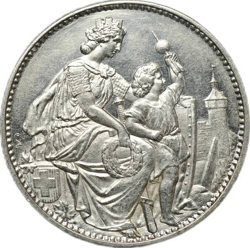 Монета 5 франков 1865 Стрелковый фестиваль в Шаффхаузене Швейцария