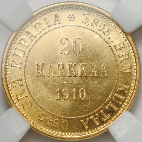 Монета 20 марок 1910 L Русская Финляндия слаб ННР MS 63