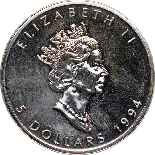 Монета 5 долларов 1994 Кленовый лист Канада