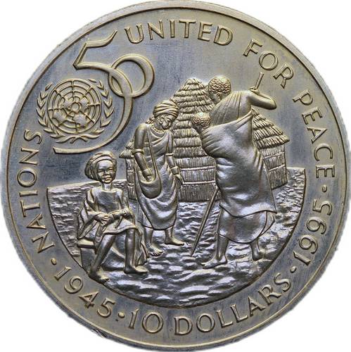 Монета 10 долларов 1995 50 лет ООН медно-никель Намибия