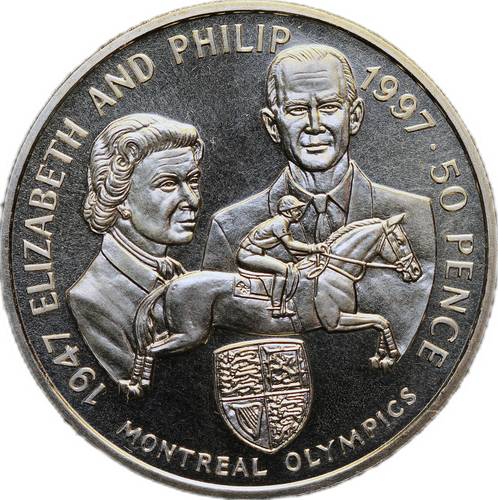 Монета 50 пенсов 1997 Монреаль Олимпиада Принц Филипп и королева Елизавета II Остров Вознесения