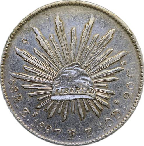 Монета 8 реалов 1897 Zs Мексика