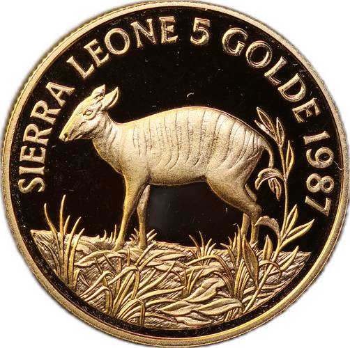 Монета 5 голде 1987 Антилопа Дукер Сьерра Леоне